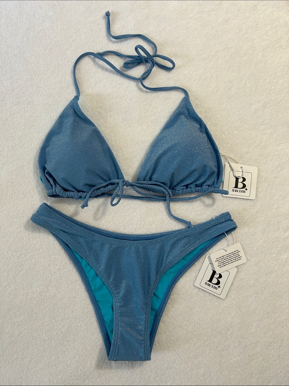 B Swim Small Bikini Baltic Triangle D-Cup AND Maddie in Seabright Lurex Blue NWT